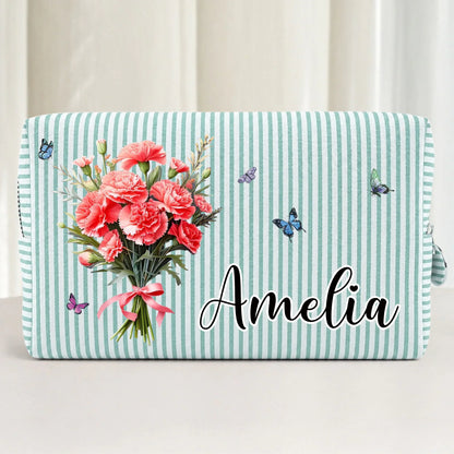 Custom Striped Cosmetic Bag - Personalized Birthday Gifts For Women, Girls, Best Friends - Birth Flower Bouquet
