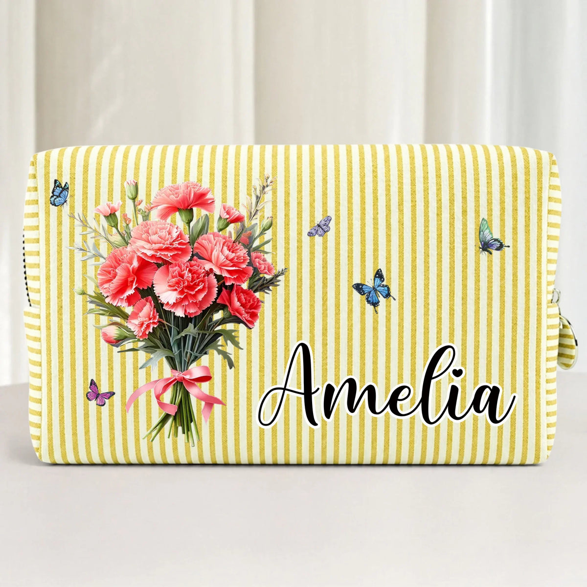 Custom Striped Cosmetic Bag - Personalized Birthday Gifts For Women, Girls, Best Friends - Birth Flower Bouquet