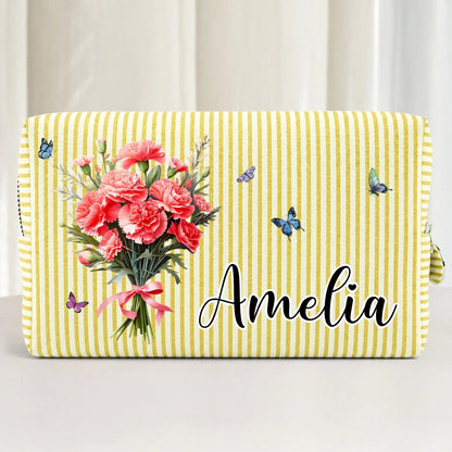 Custom Striped Cosmetic Bag - Personalized Birthday Gifts For Women, Girls, Best Friends - Birth Flower Bouquet