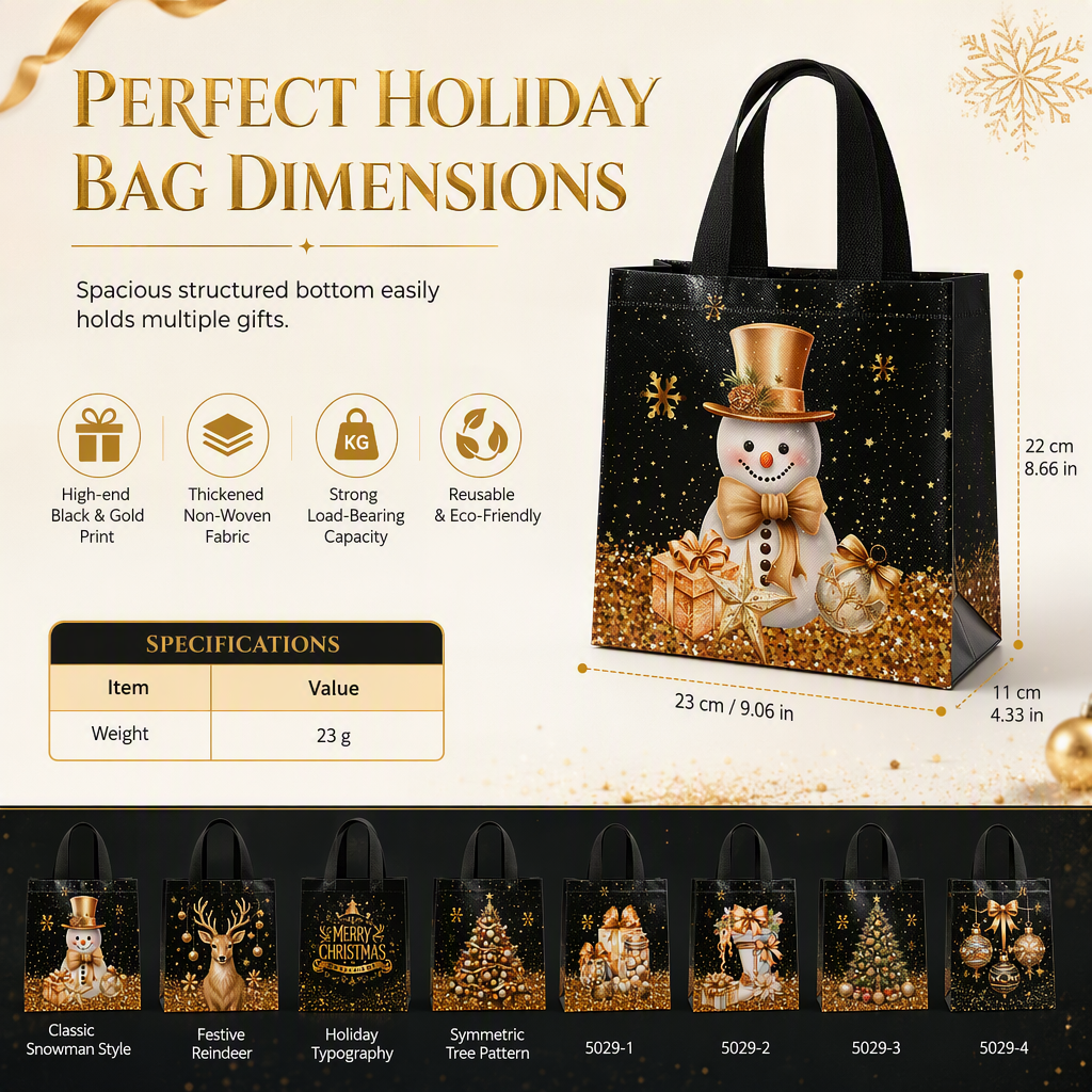 Black Christmas Non Woven Gift Tote Bag Holiday Present Packaging Bag 23x22x11cm